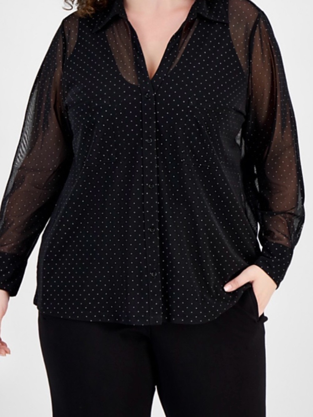 Bar III Sheer Black Mesh Long Sleeve Button Down Blouse with Silver Dots in 1X